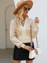 Houndstooth Button Up Long Sleeve Cardigan - Trendsi - Flyclothing LLC
