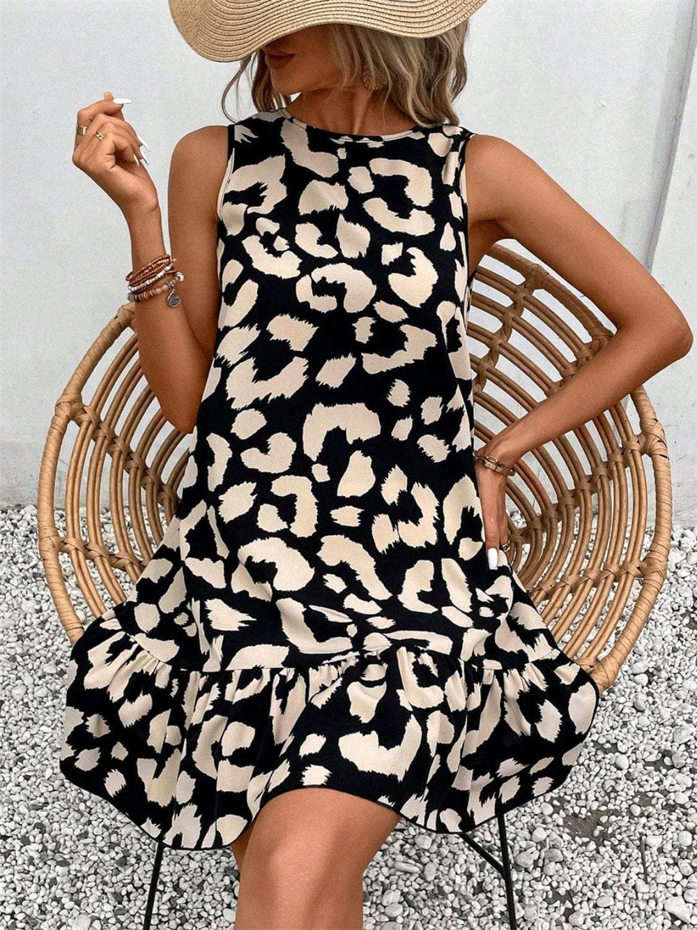Tied Leopard Round Neck Tank Dress - Trendsi - Flyclothing LLC