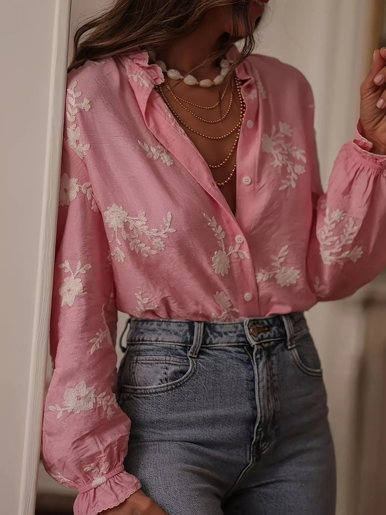 Floral Embroidered Long Sleeve Shirt - Trendsi - Flyclothing LLC