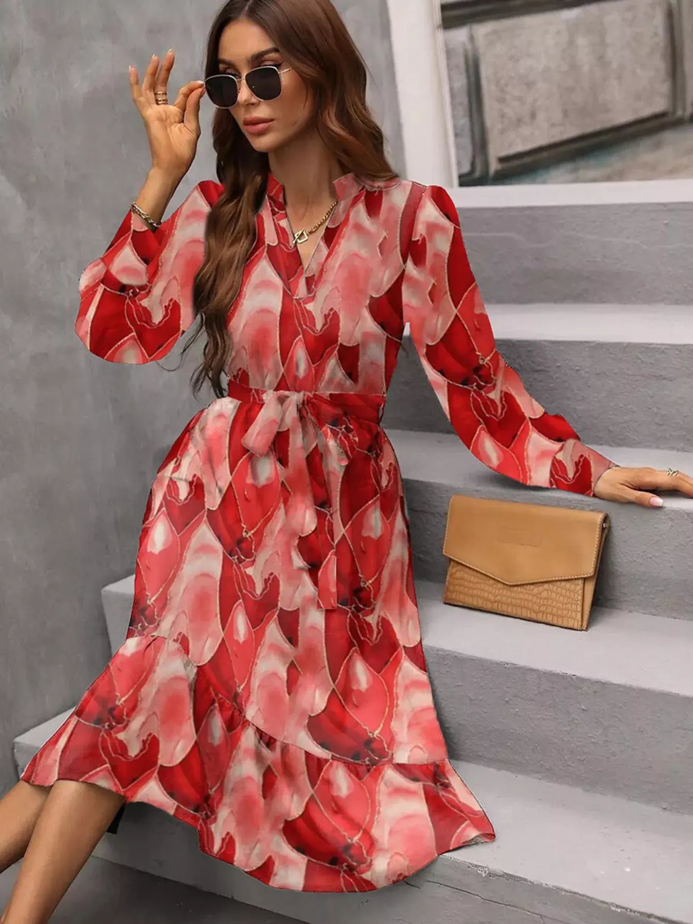 Notched Tie Waist Long Sleeve Dress - Trendsi - Flyclothing LLC