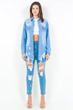 American Bazi Frayed Hem Distressed Denim Shirt Jacket - Trendsi