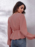 Ruched Printed V-Neck Long Sleeve Blouse - Trendsi - Flyclothing LLC