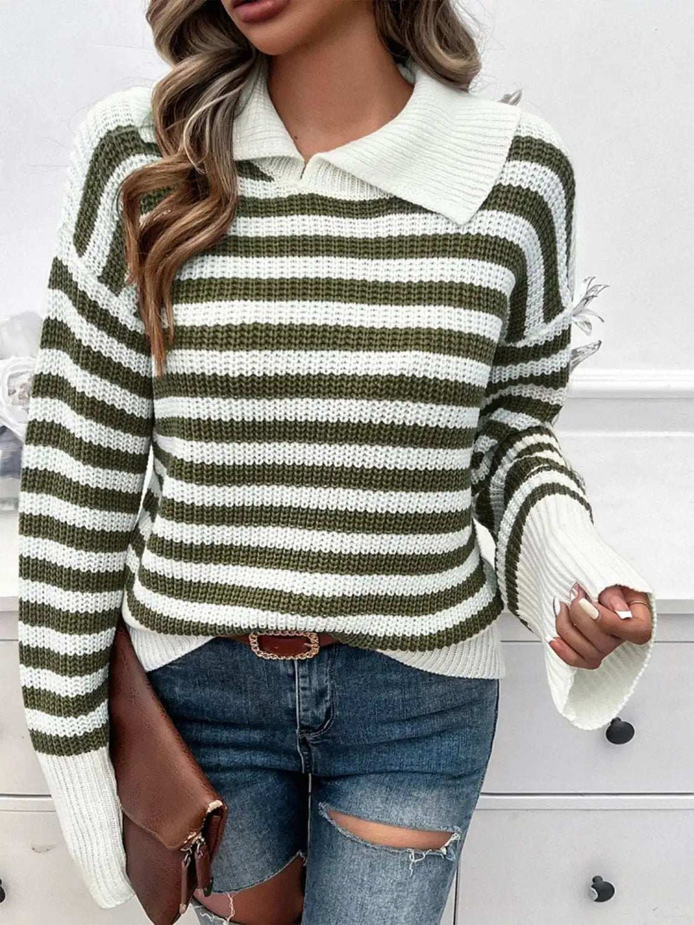 Striped Collared Neck Long Sleeve Sweater - Trendsi - Flyclothing LLC