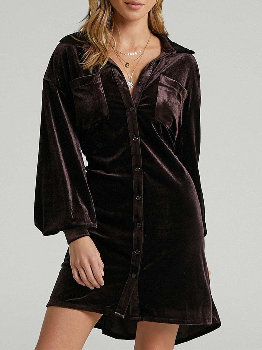 Collared Neck Button Down Long Sleeve Mini Dress - Trendsi - Flyclothing LLC