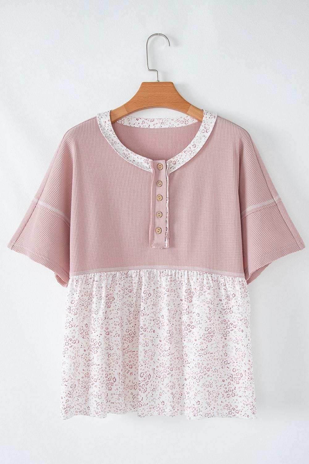 Waffle Floral Patchwork Exposed Seam Detail Short Sleeve Top - Trendsi - Flyclothing LLC