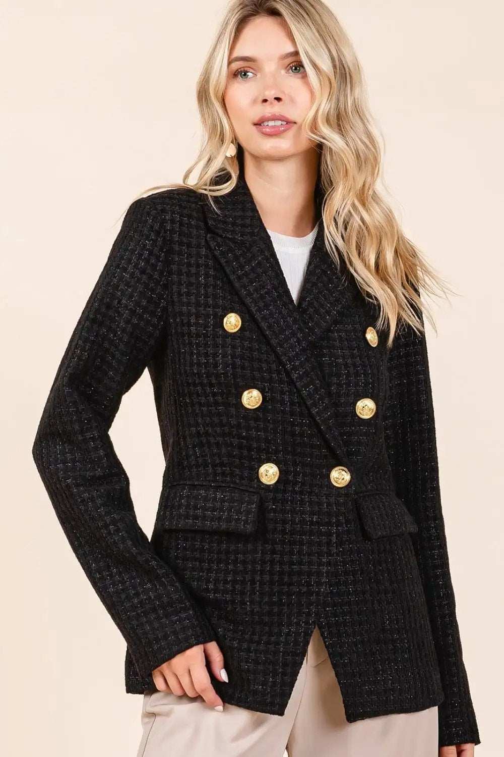 Mittoshop Plaid Texture Double-Breasted Long Sleeve Blazer - Trendsi - Flyclothing LLC
