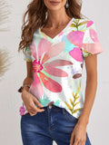 Printed V-Neck Short Sleeve T-Shirt - Trendsi - Flyclothing LLC