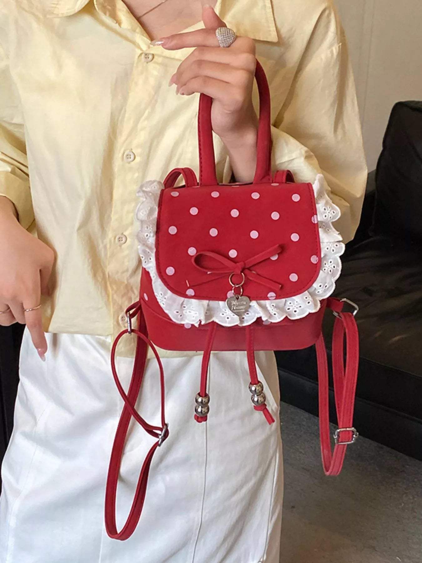 Polka Dot Lace Trim Backpack Bag - Trendsi - Flyclothing LLC
