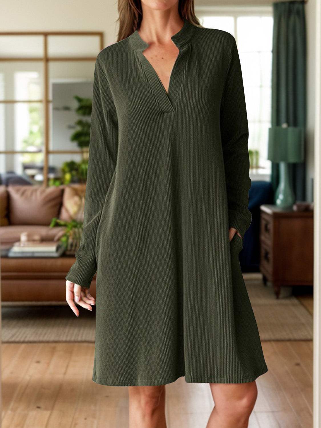Notched Long Sleeve Mini Dress with Pockets - Trendsi - Flyclothing LLC