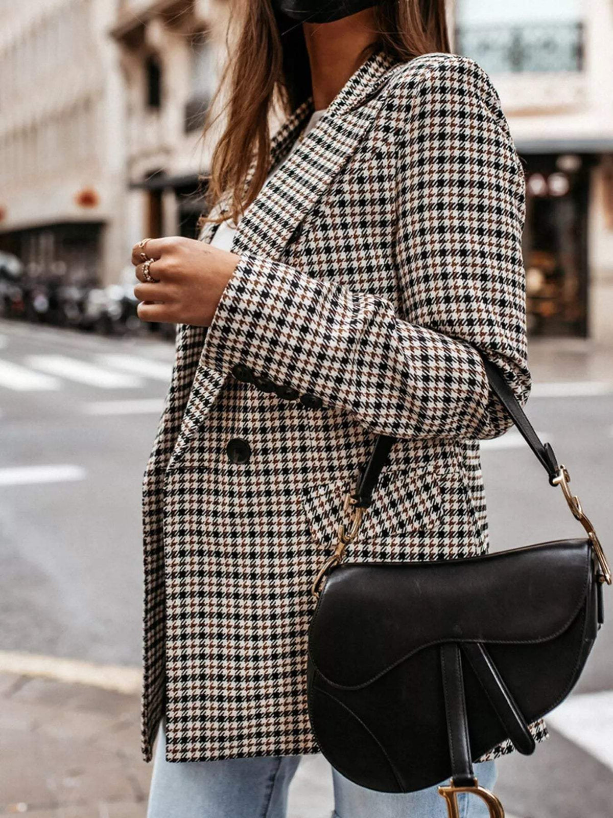 Classic Houndstooth Double-Breasted Blazer - Trendsi - Flyclothing LLC