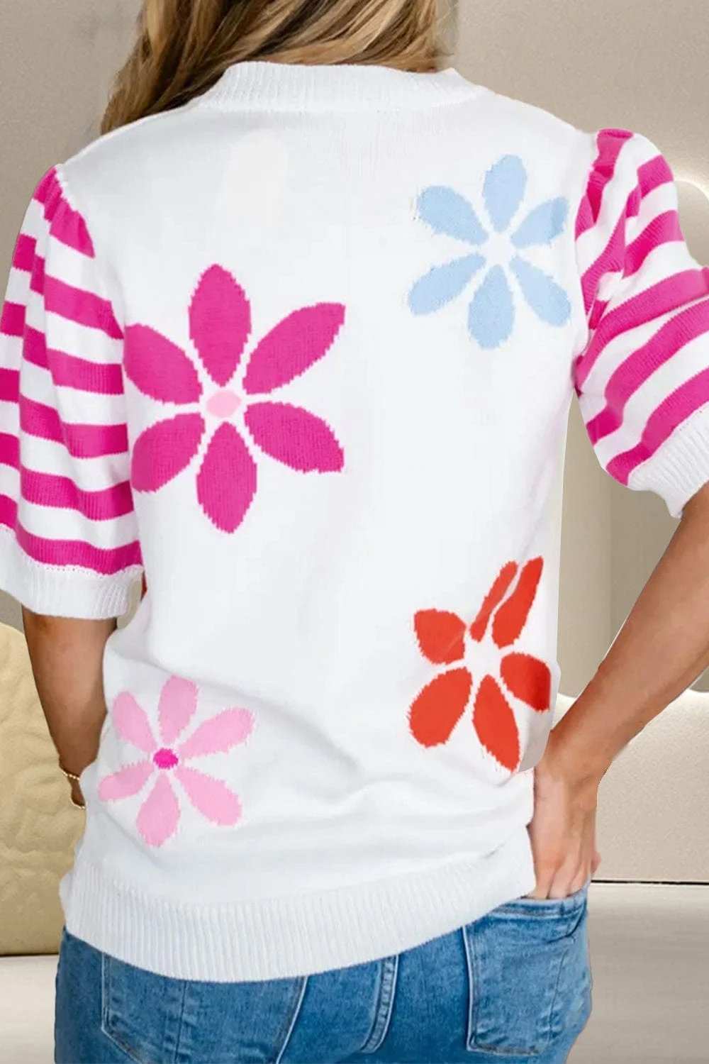 Flower Pattern Round Neck Half Sleeve Knit Top - Trendsi - Flyclothing LLC