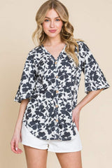 BOMBOM Floral Decorative Button V-Neck Top - Trendsi - Flyclothing LLC