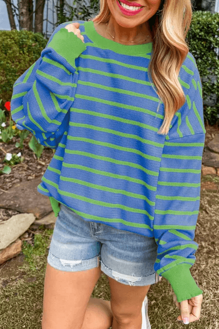 Striped Round Neck Long Sleeve Sweater - Trendsi - Flyclothing LLC