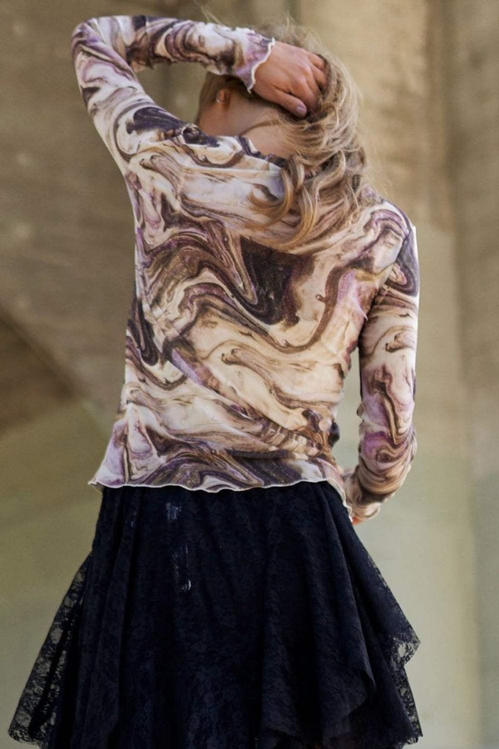 J.NNA Marble Design Long Sleeve Mesh Top - Trendsi - Flyclothing LLC