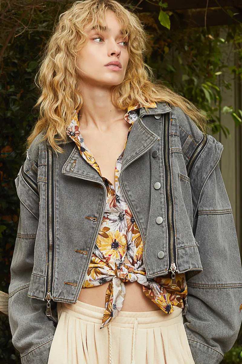 POL Cropped Denim Jacket with Functional Zipper Detail - Trendsi - Flyclothing LLC
