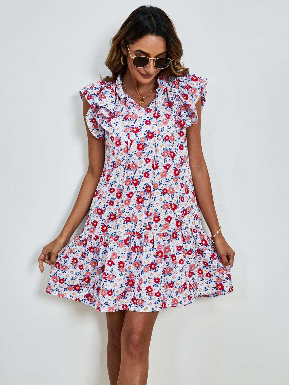 Tied Floral Cap Sleeve Mini Dress - Trendsi - Flyclothing LLC