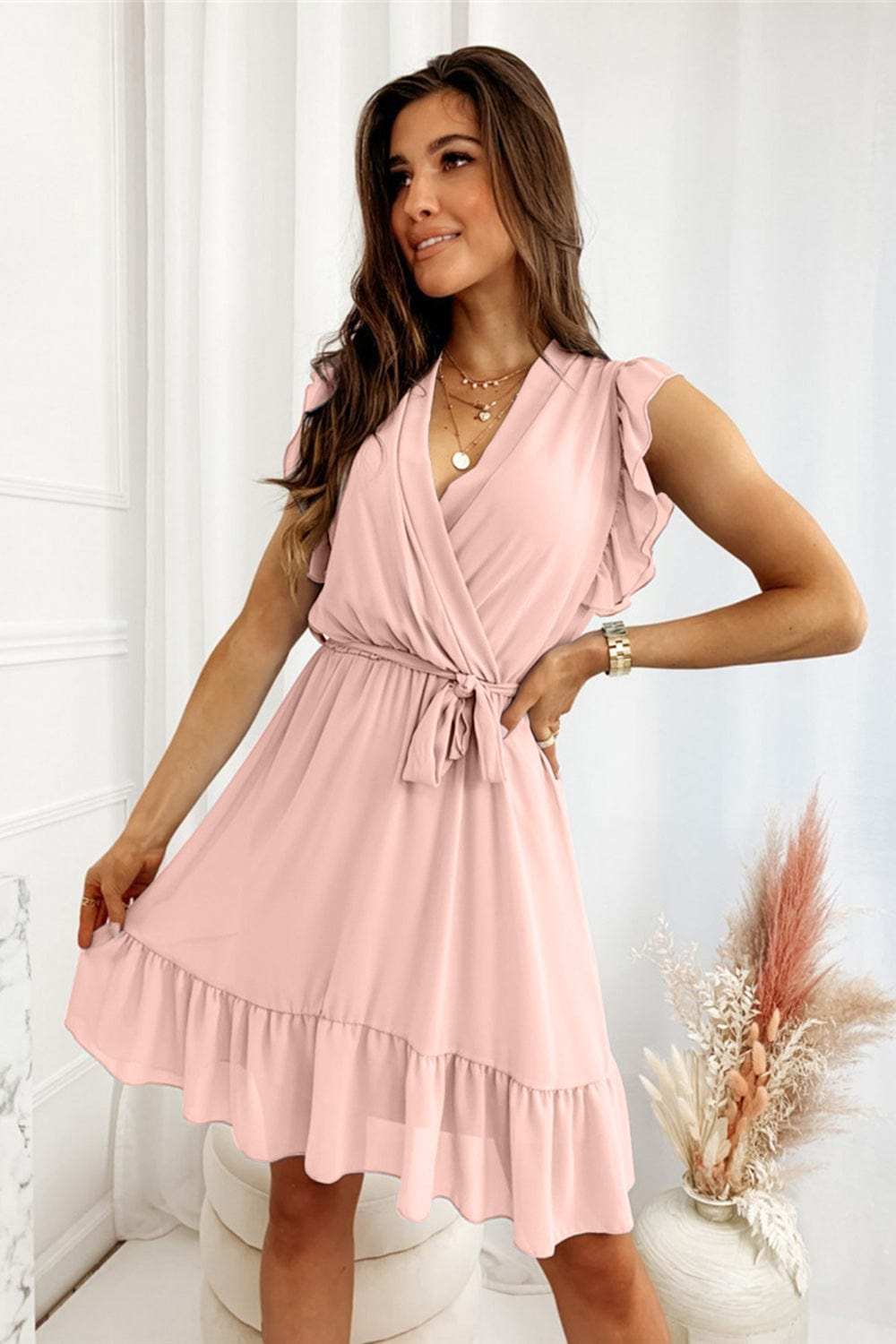Full Size Ruffled Surplice Cap Sleeve Dress - Trendsi - Flyclothing LLC