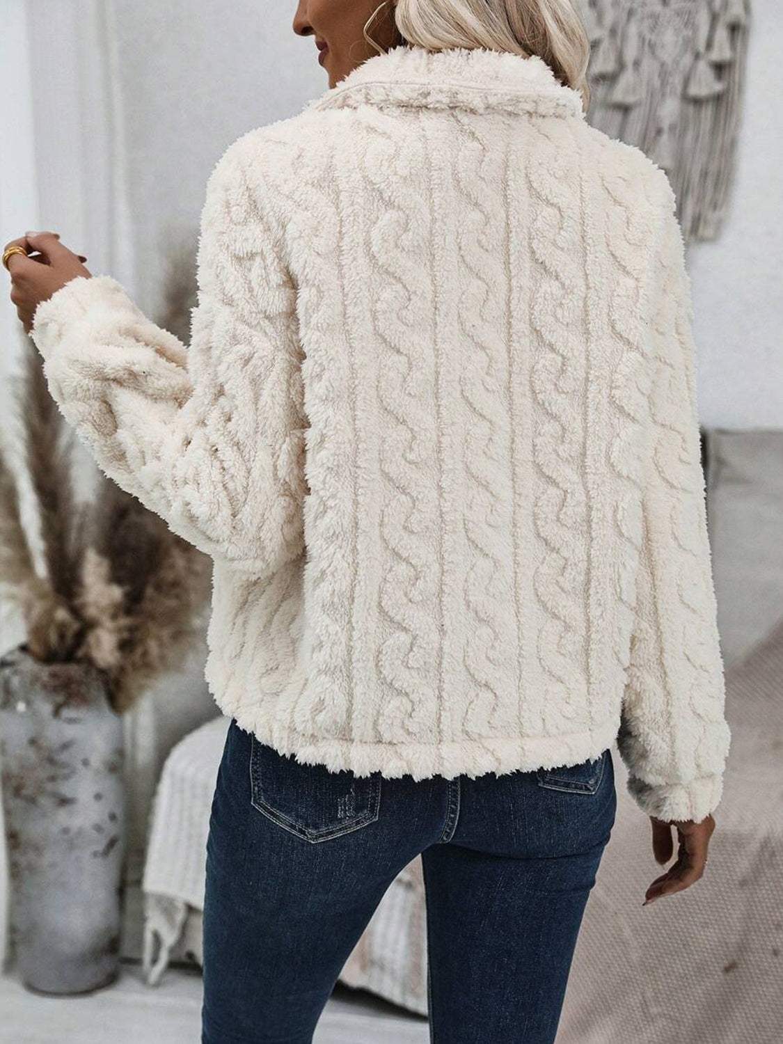 Fuzzy Button Up Collared Neck Jacket - Trendsi - Flyclothing LLC