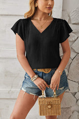 Ruched V-Neck Flounce Sleeve Blouse - Trendsi - Flyclothing LLC