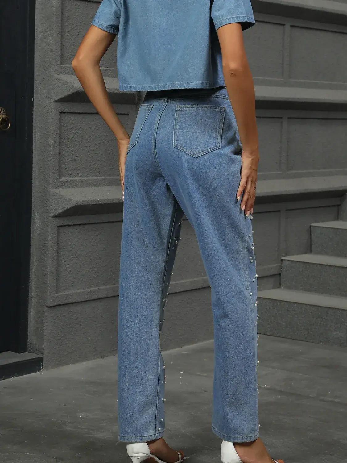 Pearl Detail Jeans with Pockets - Trendsi - Flyclothing LLC
