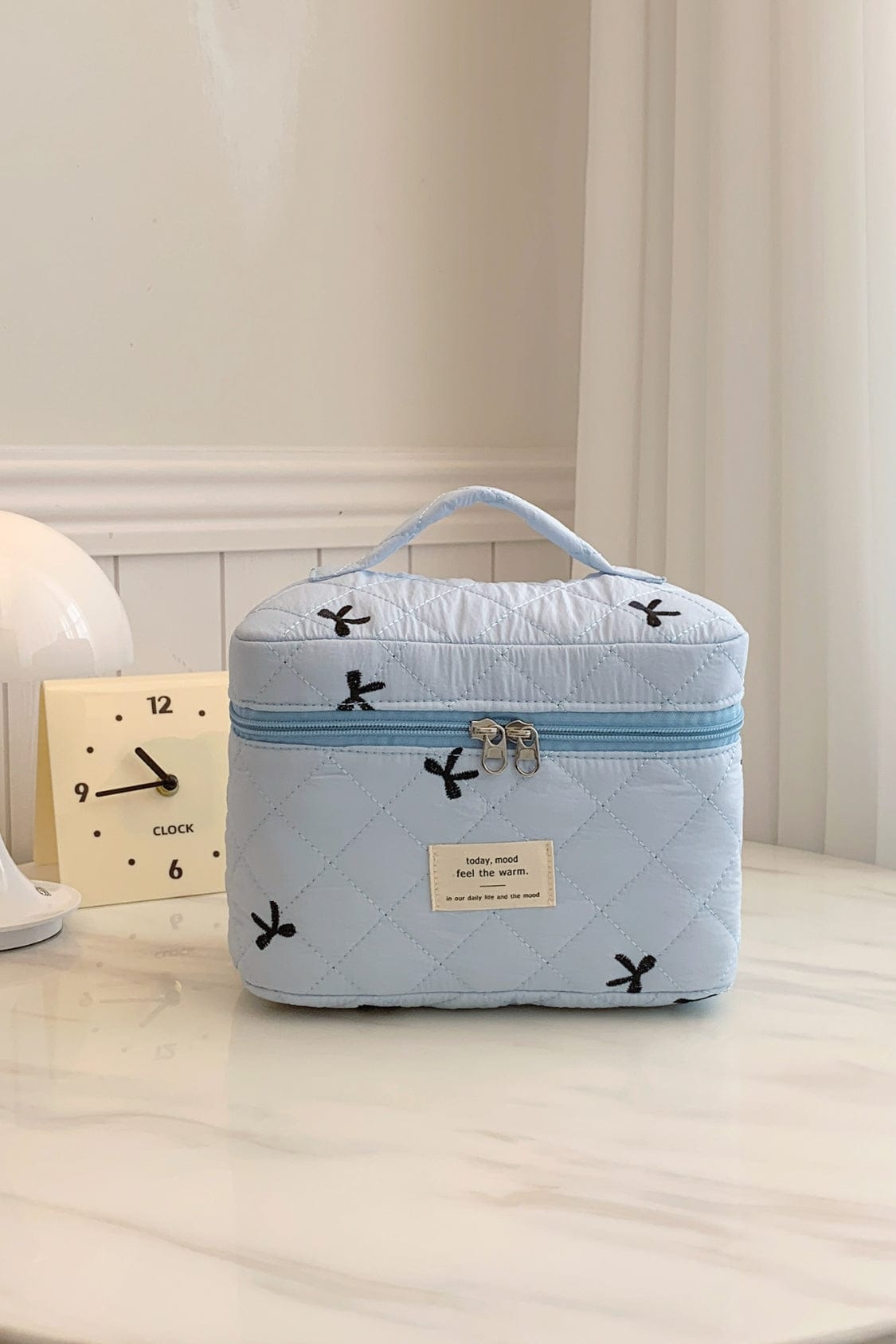 Bow Embroidered Quilted Storage Bag with Zip - Trendsi