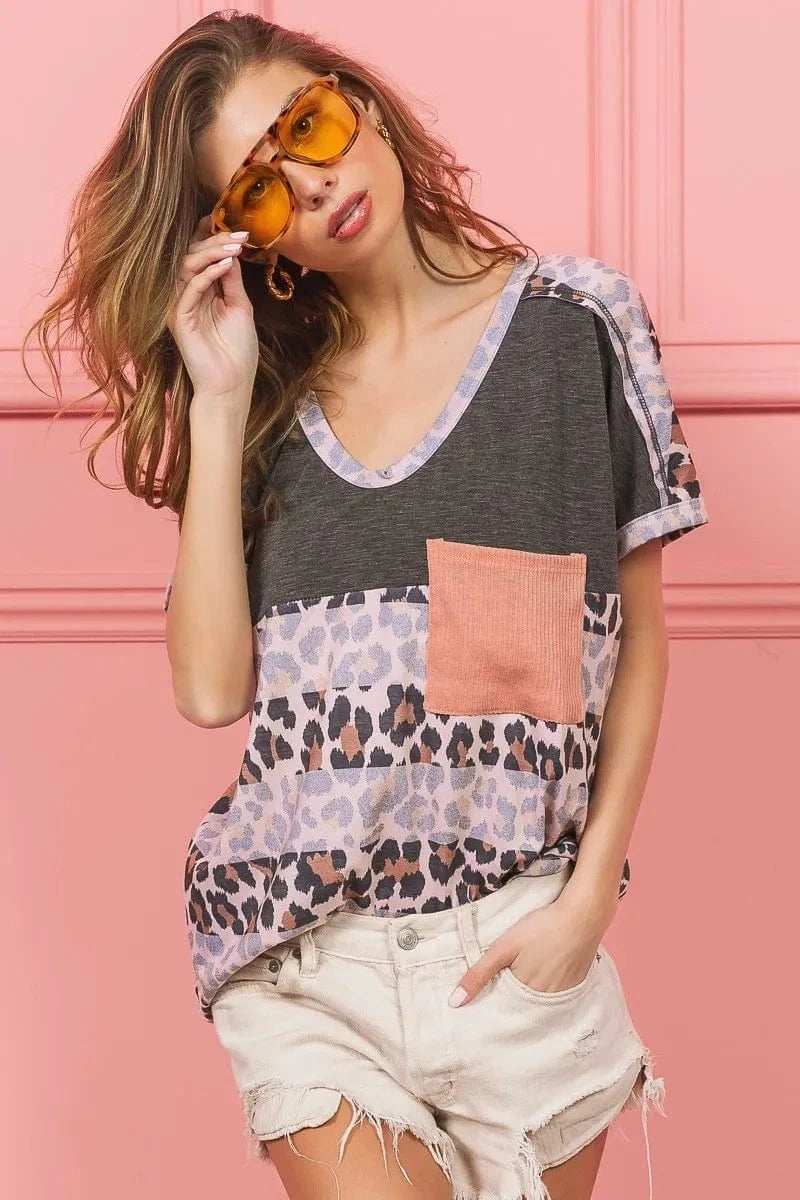 BiBi Leopard Stripe with Slub Terry Color Block T-Shirt - Trendsi - Flyclothing LLC