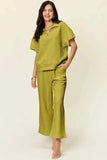 Double Take Full Size Texture Half Zip Short Sleeve Top and Pants Set - Trendsi - Flyclothing LLC