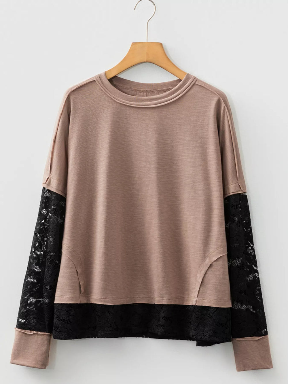 Sheer Lace Patchwork Casual Long Sleeve Tee - Trendsi - Flyclothing LLC