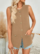 Button Down Round Neck Knit Vest - Trendsi - Flyclothing LLC