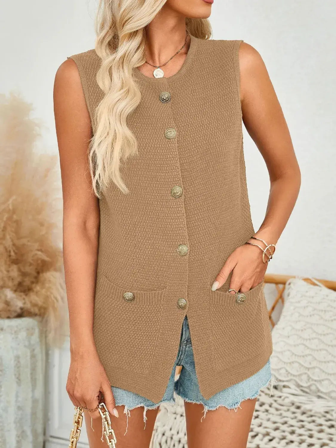 Button Down Round Neck Knit Vest - Trendsi - Flyclothing LLC