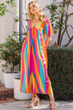 ODDI Full Size Striped Puff Sleeve Wide Leg Jumpsuit - Trendsi
