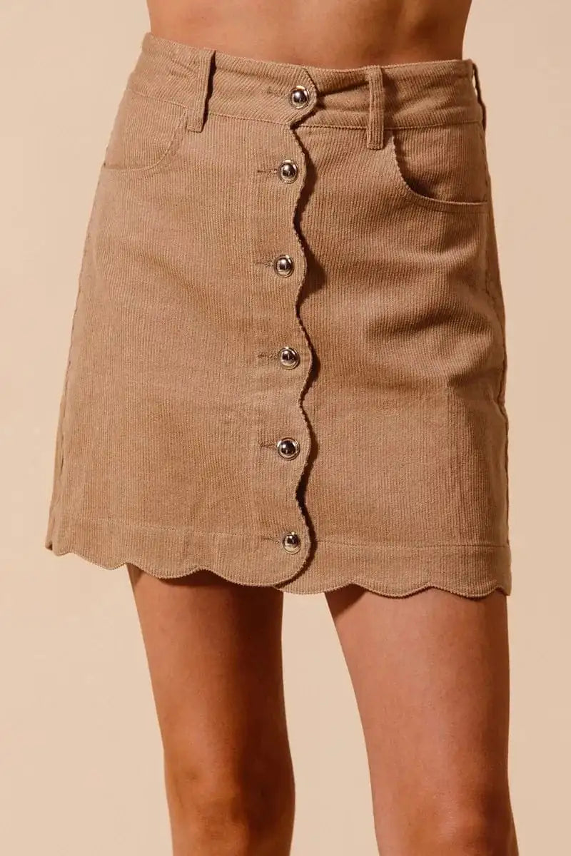 SO ME Scallop Buttoned Front Corduroy Mini Skirt - Trendsi