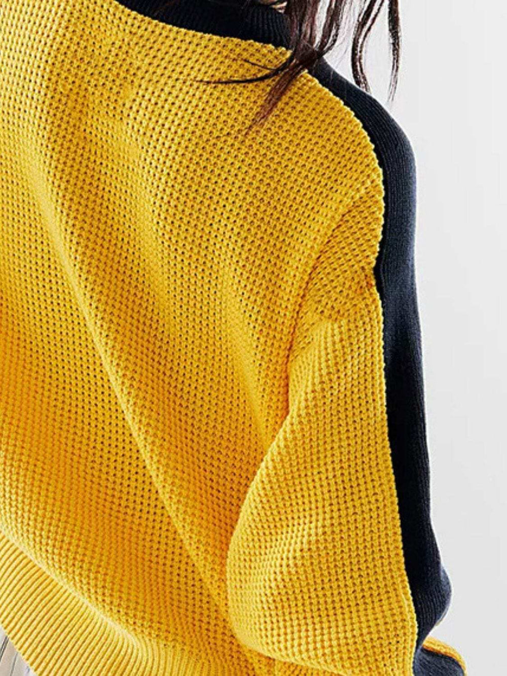 Waffle-Knit Contrast Round Neck Sweater - Trendsi - Flyclothing LLC