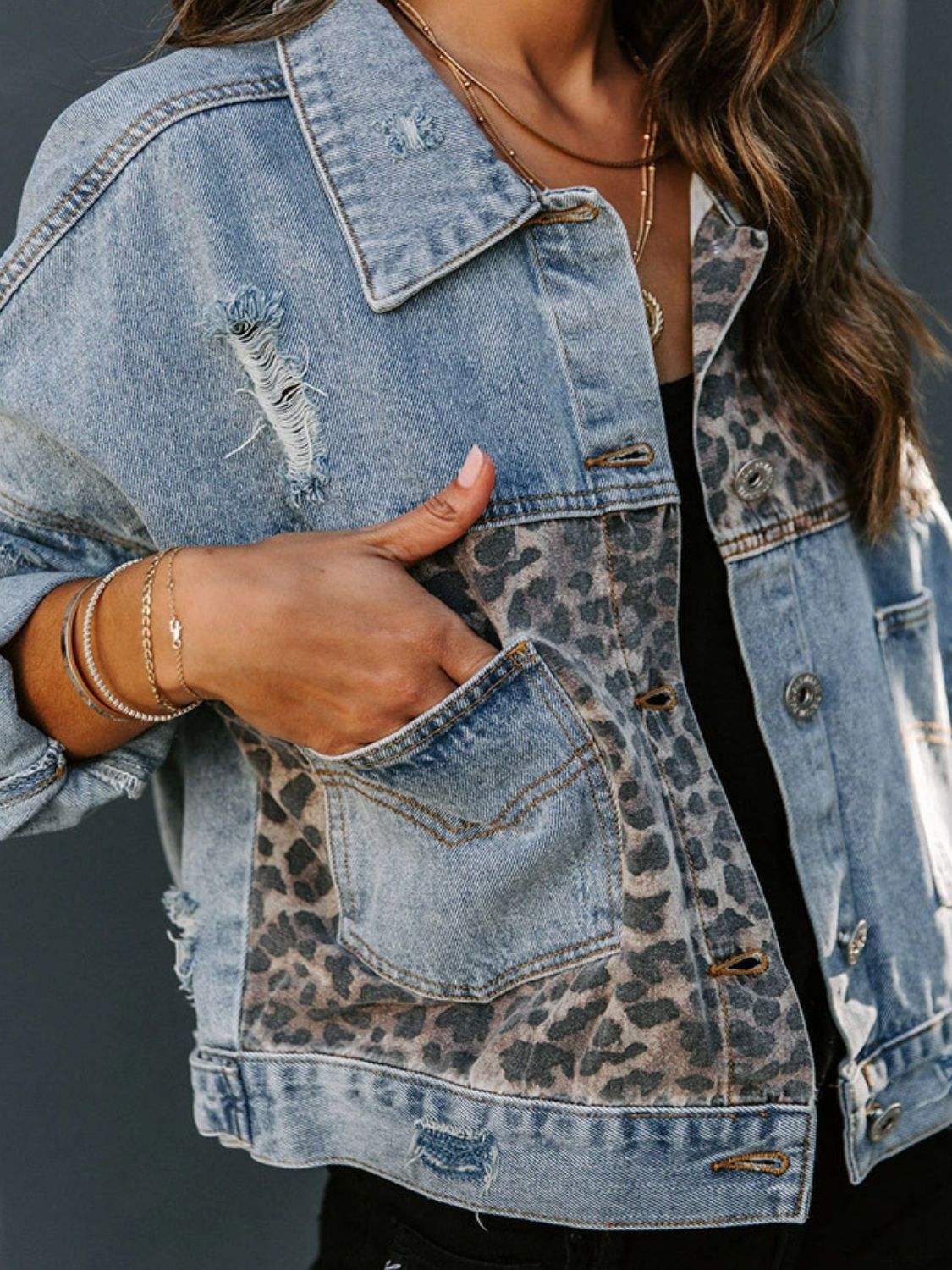 Distressed Leopard Drop Shoulder Denim Jacket - Trendsi - Flyclothing LLC