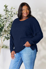 Basic Bae Full Size Ribbed Round Neck Slit Knit Top - ShopBasicbae - Flyclothing LLC