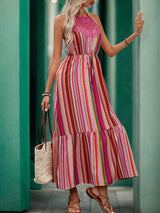 Lace Detail Striped Halter Neck Midi Dress - Trendsi - Flyclothing LLC