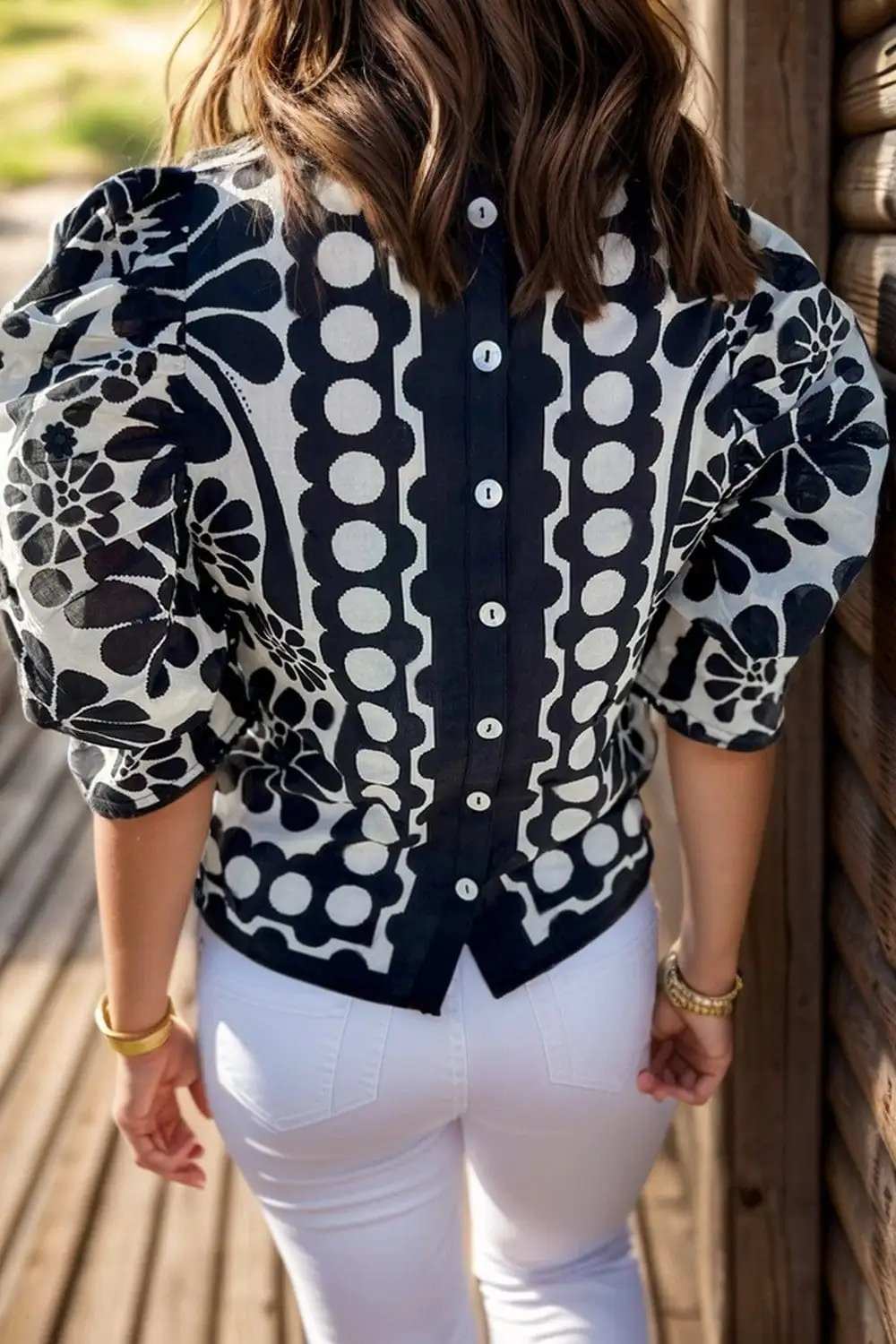 Printed Round Neck Half Sleeve Blouse - Trendsi - Flyclothing LLC