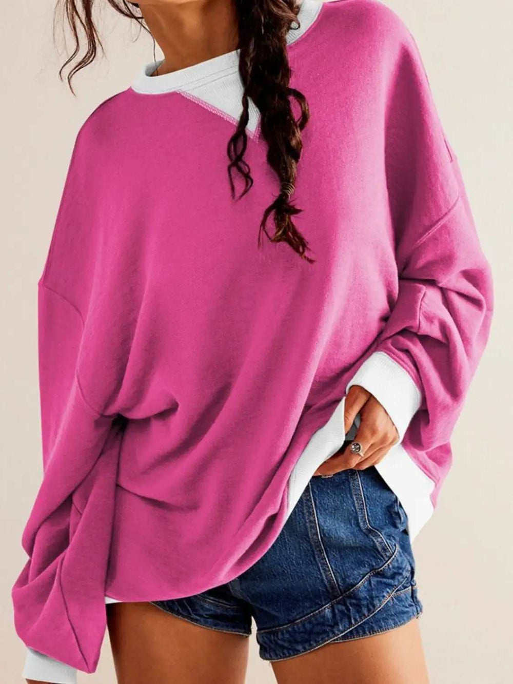 Contrast Dropped Shoulder Long Sleeve Sweatshirt - Trendsi - Flyclothing LLC