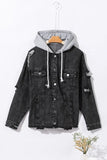 Distressed Drawstring Long Sleeve Hooded Denim Jacket - Trendsi