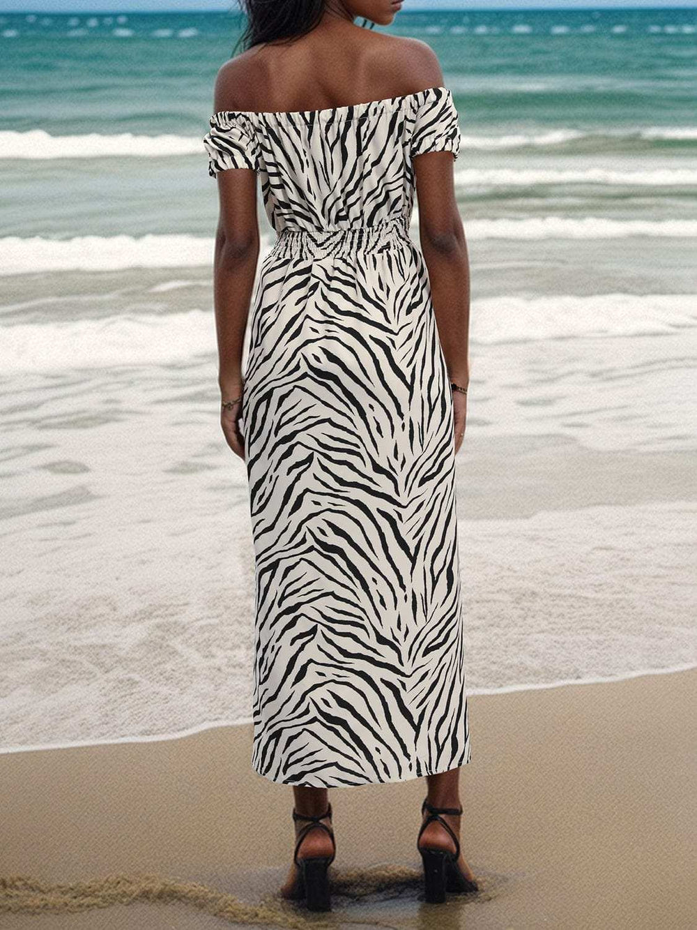 Slit Animal Print Off-Shoulder Midi Dress - Trendsi - Flyclothing LLC