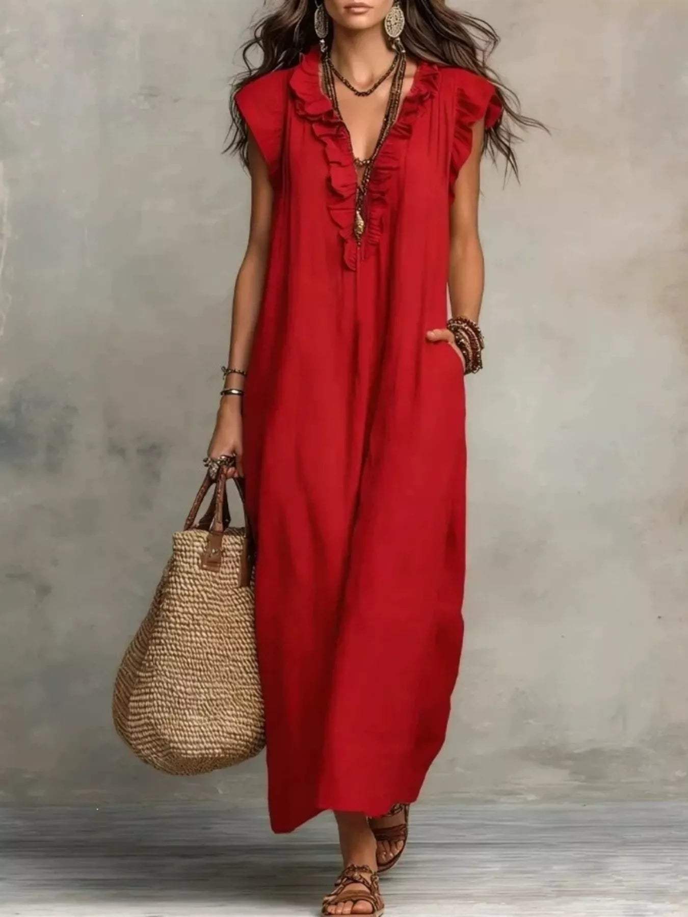 Full Size Ruffled V-Neck Cap Sleeve Maxi Dress Plus Size - Trendsi - Flyclothing LLC