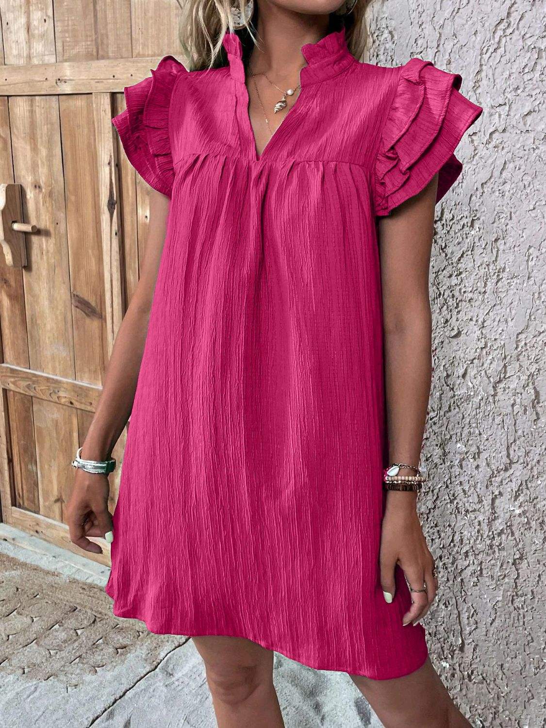 Ruffled Notched Cap Sleeve Mini Dress - Trendsi - Flyclothing LLC