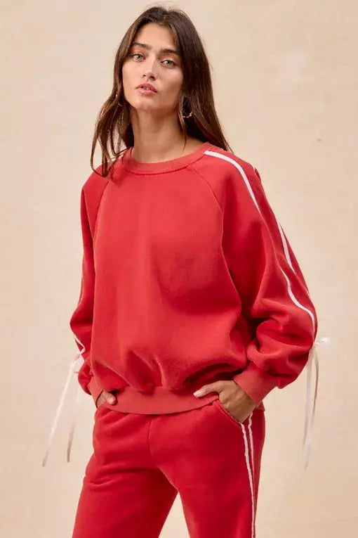 BiBi Side Lined Bow Details Fleece Sweatshirt - Trendsi - Flyclothing LLC