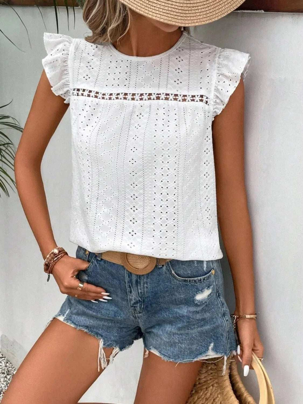 Eyelet Round Neck Cap Sleeve Top - Trendsi - Flyclothing LLC