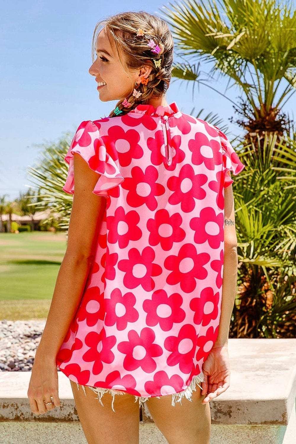 BiBi Floral Contrast Ruffled Top - Trendsi - Flyclothing LLC