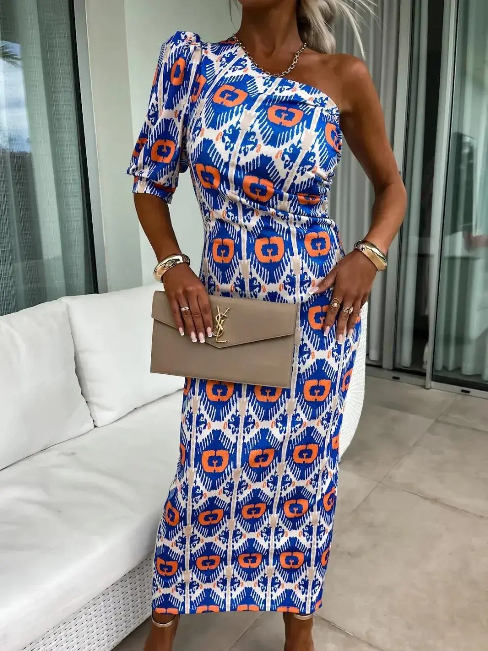 Slit Printed Single Shoulder Midi Dress - Trendsi - Flyclothing LLC