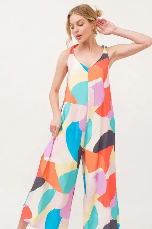 And The Why Tied Shoulder Straps Wide-Leg Geo Print Jumpsuit - Trendsi - Flyclothing LLC