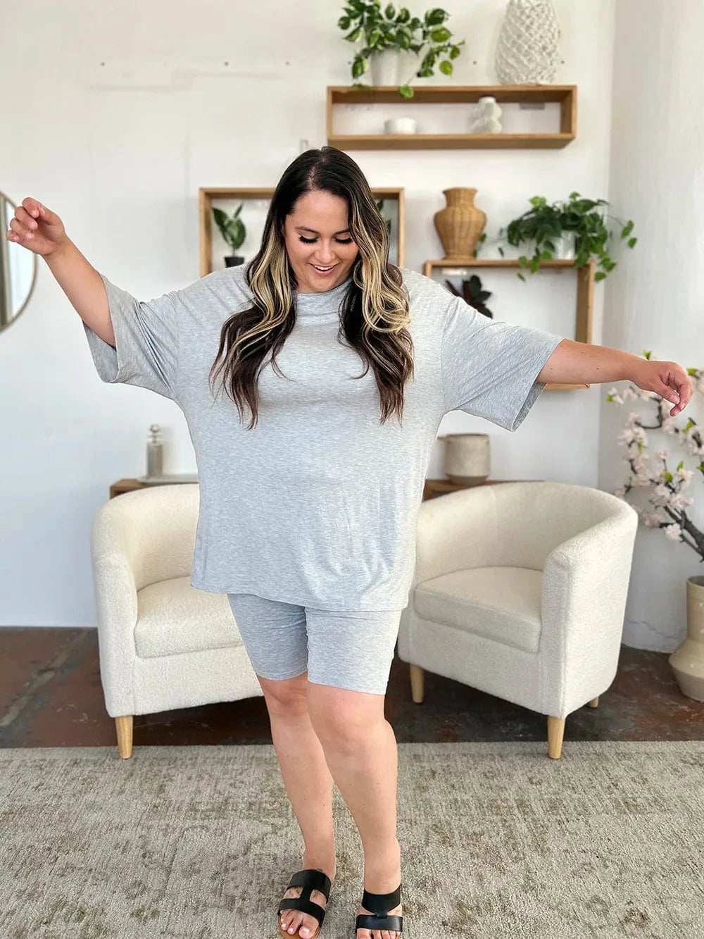 Basic Bae Bamboo Full Size Round Neck Drop Shoulder T-Shirt and Shorts Set - Trendsi - Flyclothing LLC