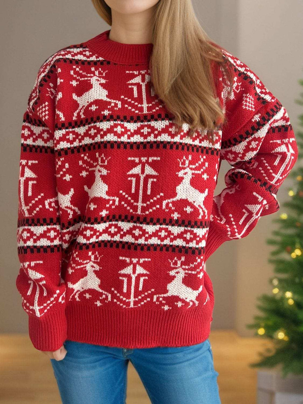 Christmas Element Round Neck Long Sleeve Sweater - Trendsi - Flyclothing LLC