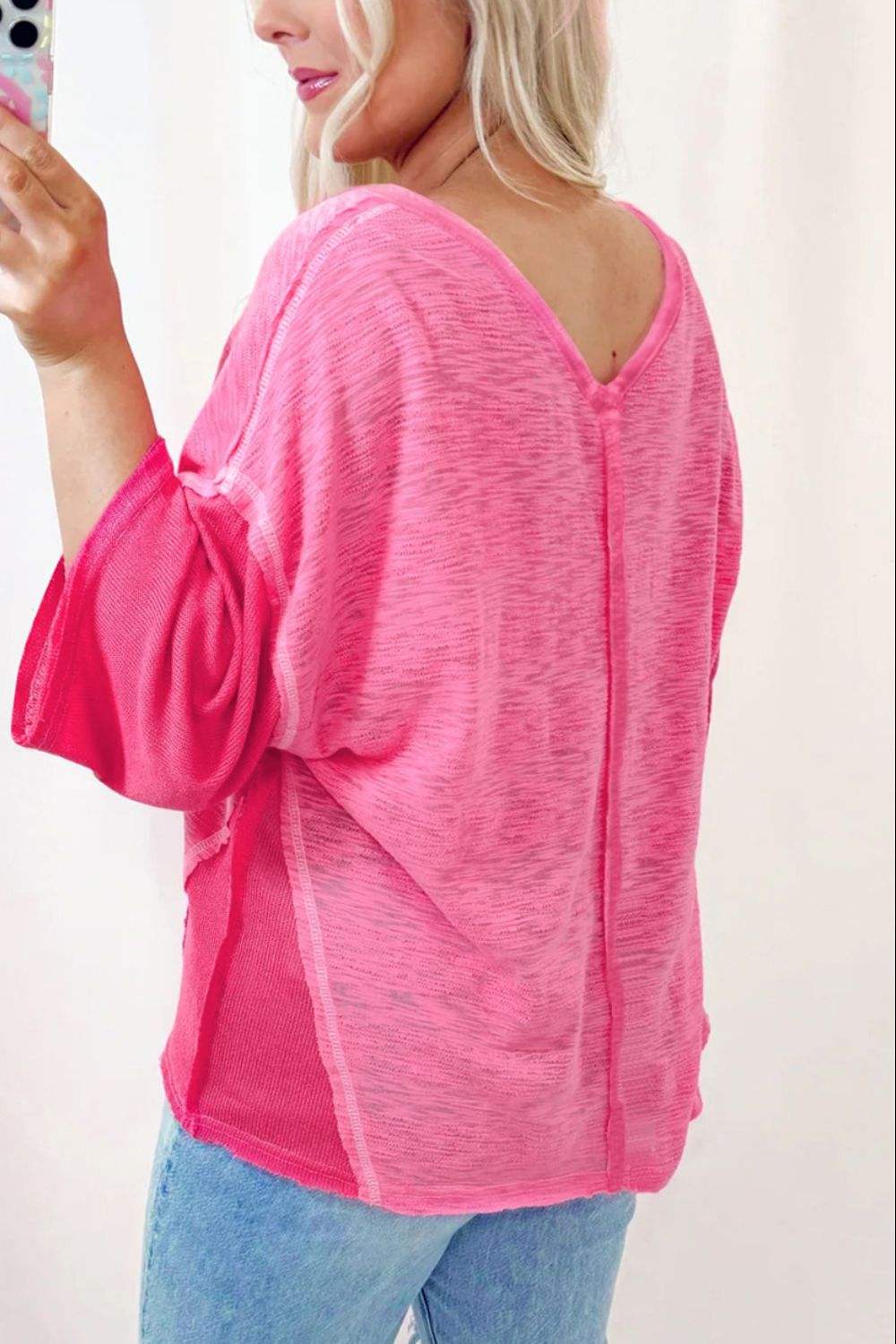 Exposed Seam V-Neck Three-Quarter Sleeve Blouse - Trendsi - Flyclothing LLC